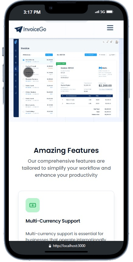 Image of an iphone device with the screen dispolaying the Invoicego web app
